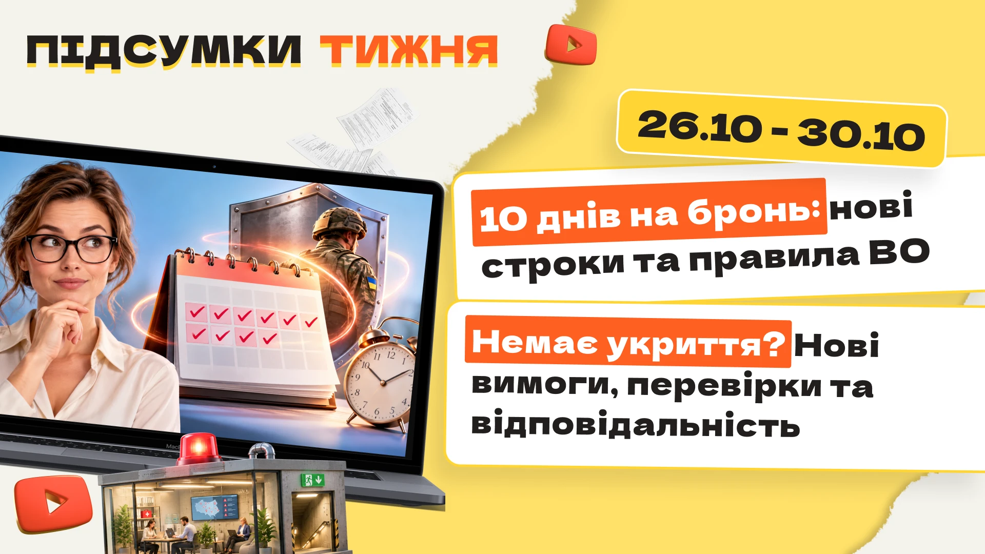 основне зображення для 10 днів на бронь: нові строки та правила ВО. Немає укриття? Нові вимоги, перевірки та відповідальність. Підсумки тижня 26.10-30.10.2026