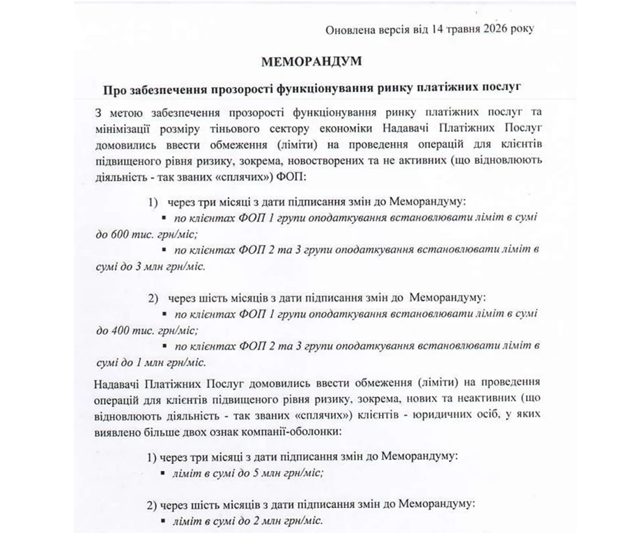 основне зображення для З 14 листопада 2026 року нові обмеження на перекази для ФОП та юросіб: ліміти до 400 тис. грн та 1 млн грн