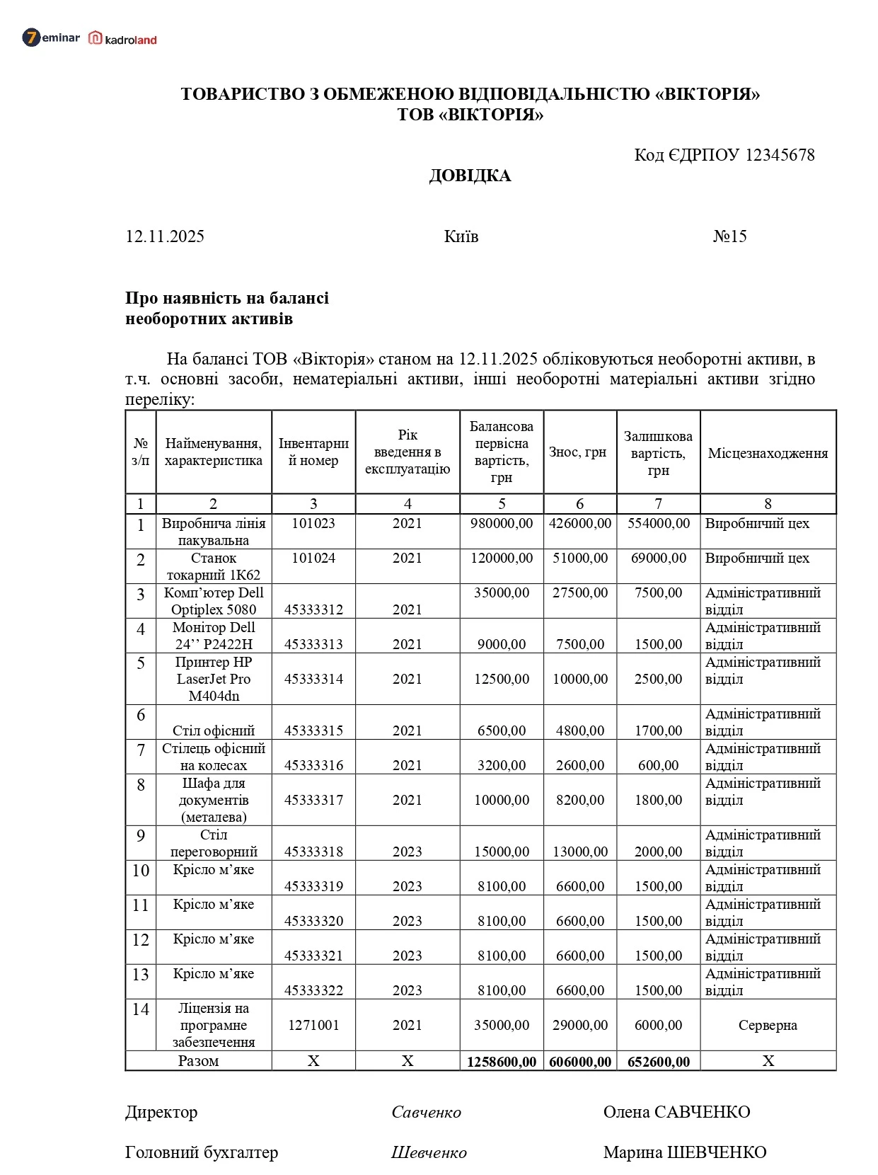 основне зображення для Довідка про наявність на балансі необоротних активів