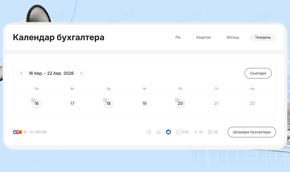 основне зображення для Календар бухгалтера з 16.03.2026 – 22.03.2026