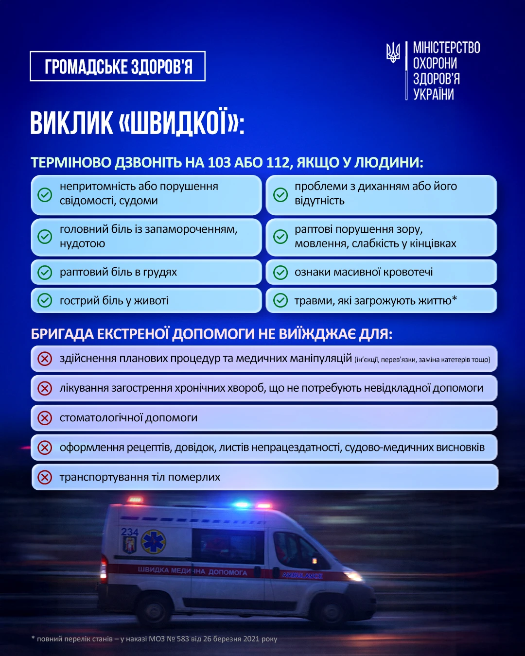 основне зображення для МОЗ нагадує: екстрені випадки для виклику швидкої допомоги