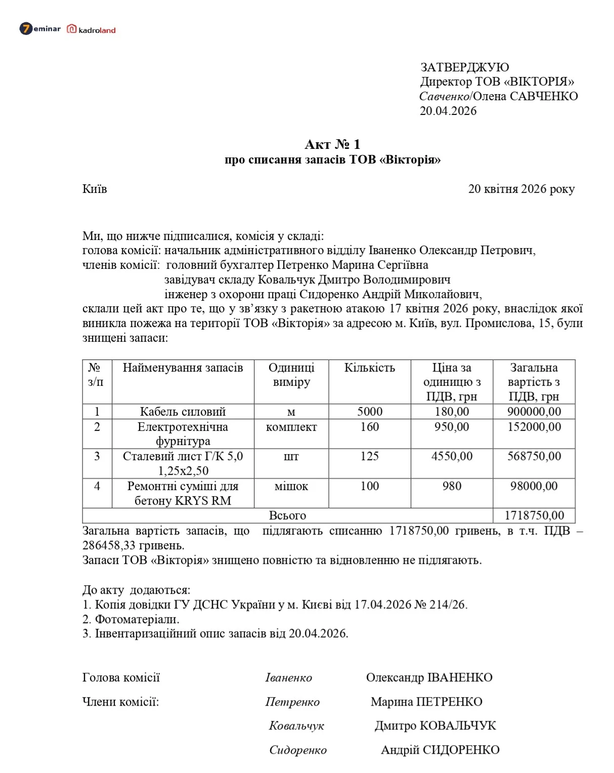 основне зображення для Списання матеріальних цінностей, знищених внаслідок ракетної атаки: зразок акта